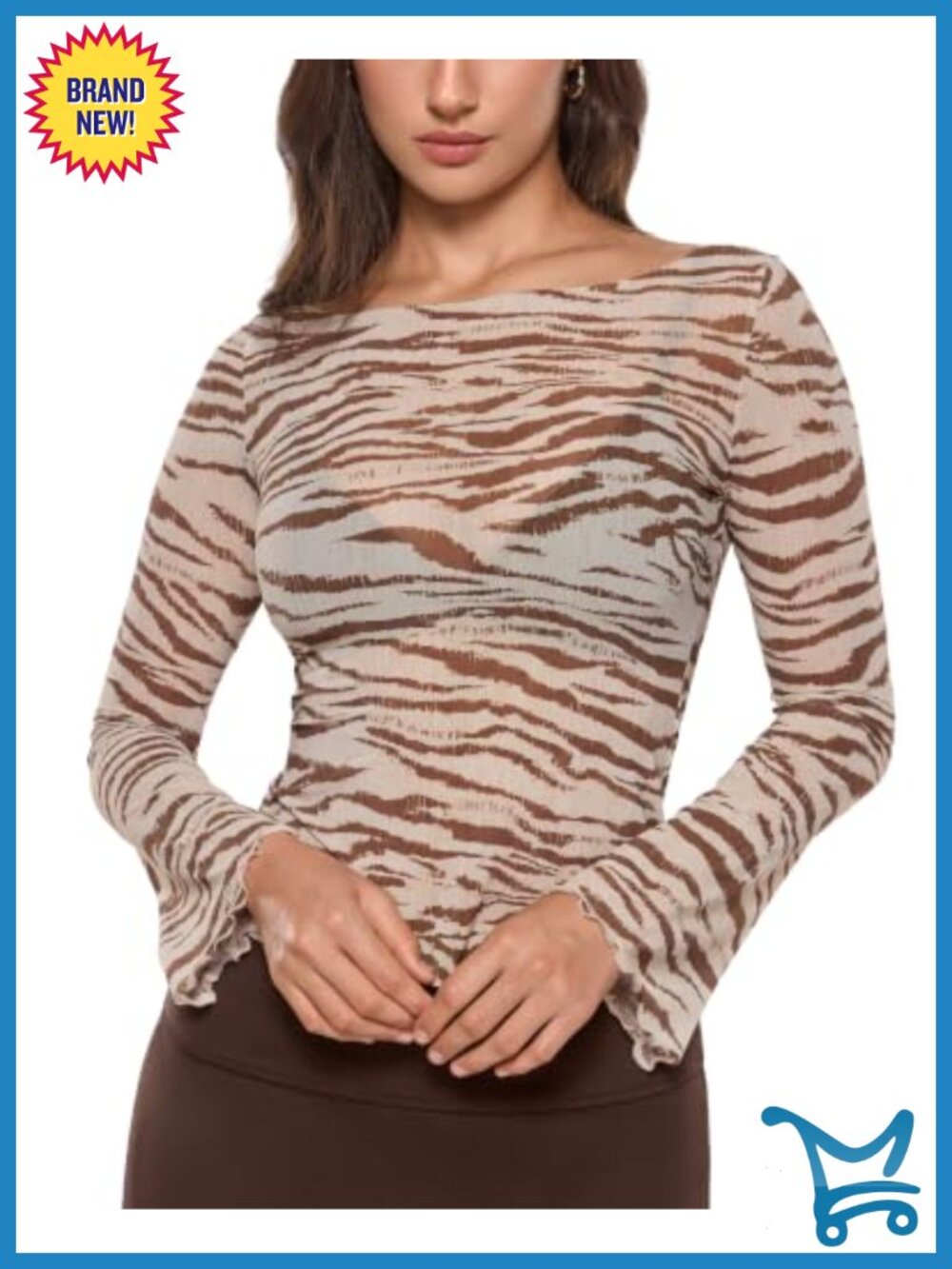 Mesh Boat Neck Long Bell Sleeve Top Sheer Pullover Blouse